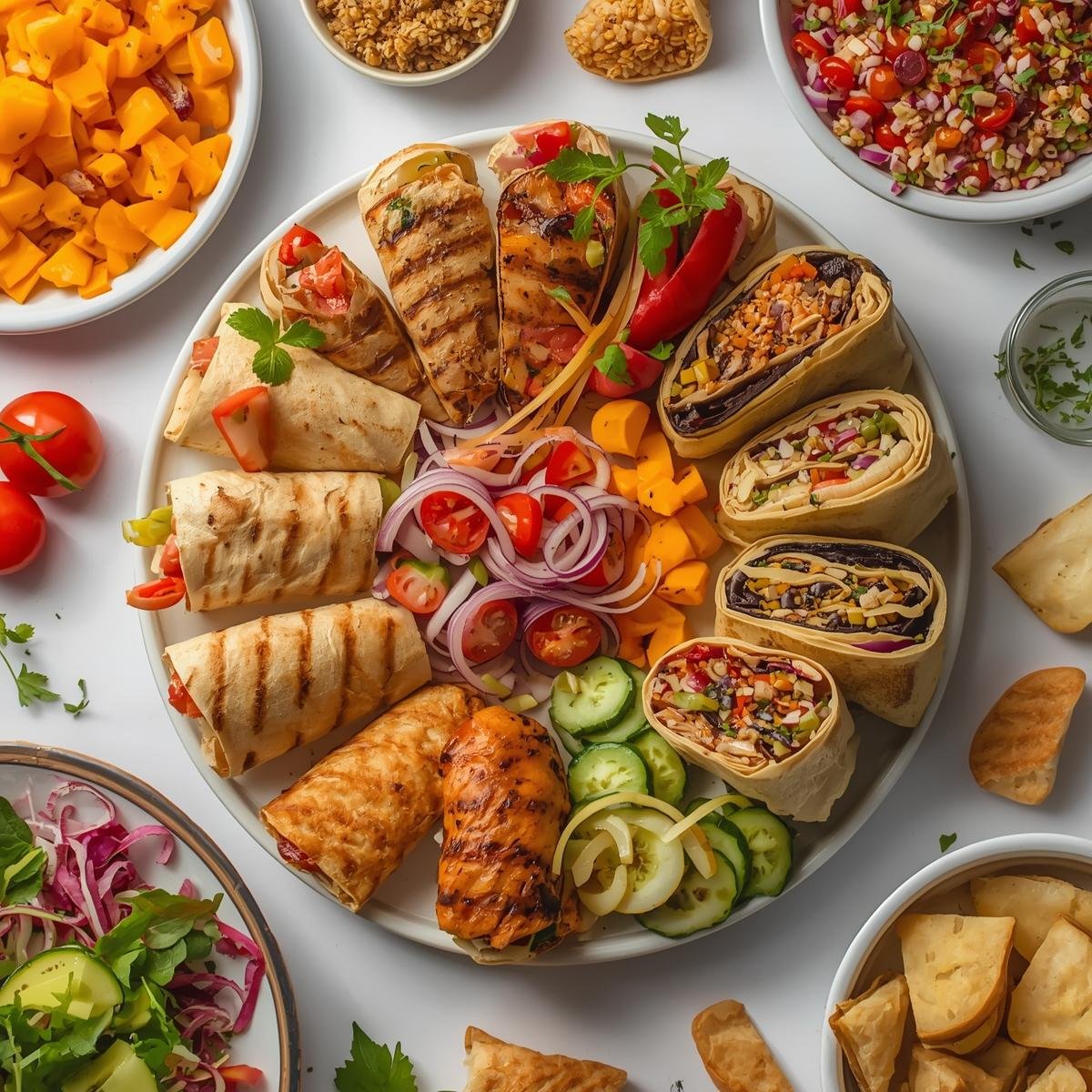 Fresh and colorful homemade lunch spread: grilled chicken salad, homemade wraps, veggie bowls, sandwiches made with fresh ingredients. Bright natural lighting, clean white background, soft shadows, simple homemade plating. Plenty of negative space for text, crisp and modern homemade lunch aesthetic.