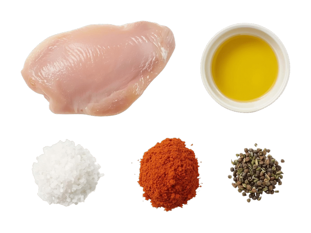 Ingredients for an easy air fryer chicken breast recipe including chicken breasts, olive oil, salt, pepper, paprika, and herbs arranged on a clean white background.