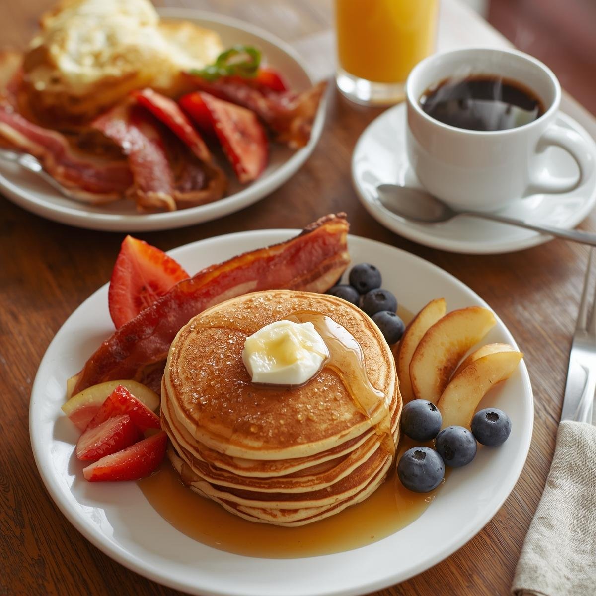 Bright homemade breakfast scene with soft daylight, featuring cozy homemade foods: fluffy pancakes, homemade granola yogurt bowls, avocado toast, fresh berries, warm coffee. Light wood table, airy white background, clean space for text on the left, minimal styling, warm but bright homemade vibes, high-end editorial food photography