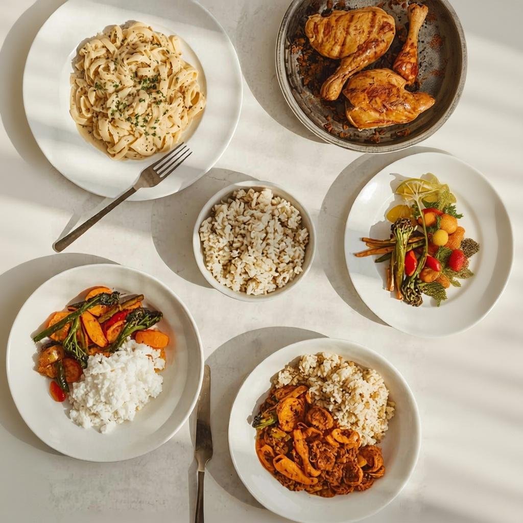 Inviting homemade dinner meal on a bright table: creamy pasta, roasted chicken, rice dishes, homemade vegetable sides. Light warm accents but overall bright composition, white plates, cozy home-cooked presentation. Editorial style food photography with open space on one side for text, comforting homemade dinner feel.